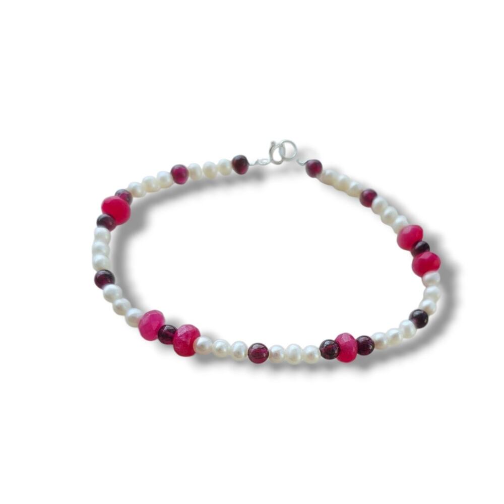 Handmade natural White pearl Ruby Garnet bracelet Sterling Silver 925 New